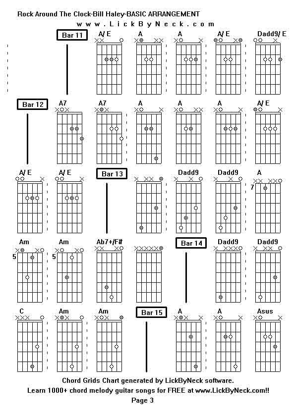 Chord Grids Chart of chord melody fingerstyle guitar song-Rock Around The Clock-Bill Haley-BASIC ARRANGEMENT,generated by LickByNeck software.